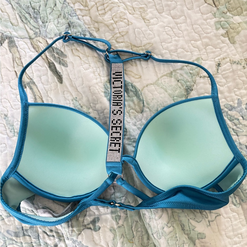 Victoria's Secret Aqua and Teal Rhinestone Racerback Push-Up Bra